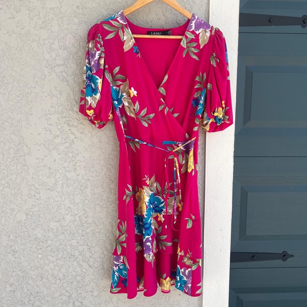 Women's Lauren Ralph Lauren Spring Summer Pink Floral Faux Wrap Dress Size 2